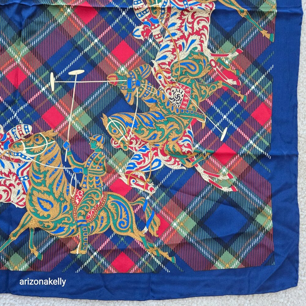 Vintage Carlisle Silk Scarf Plaid Polo Horses Equestrian Hand Rolled Preppy - Picture 5 of 9